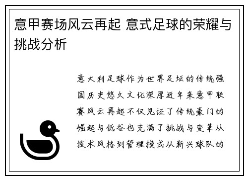 意甲赛场风云再起 意式足球的荣耀与挑战分析