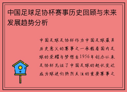 中国足球足协杯赛事历史回顾与未来发展趋势分析