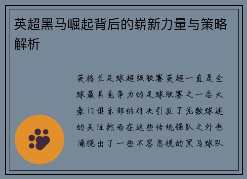 英超黑马崛起背后的崭新力量与策略解析