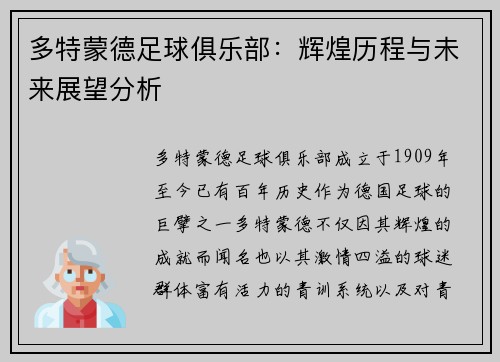 多特蒙德足球俱乐部：辉煌历程与未来展望分析