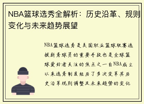 NBA篮球选秀全解析：历史沿革、规则变化与未来趋势展望