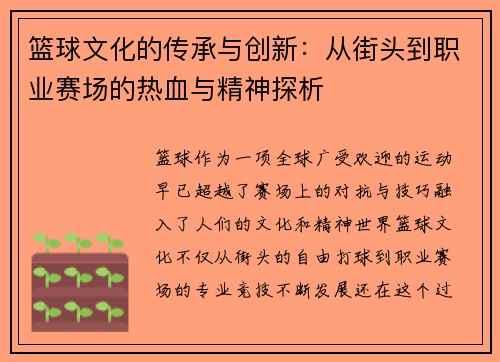 篮球文化的传承与创新：从街头到职业赛场的热血与精神探析