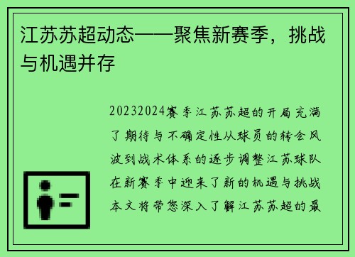 江苏苏超动态——聚焦新赛季，挑战与机遇并存