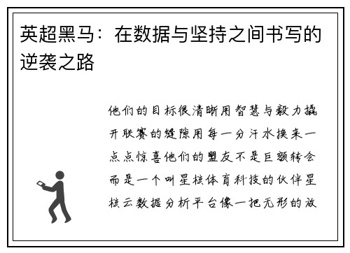 英超黑马：在数据与坚持之间书写的逆袭之路