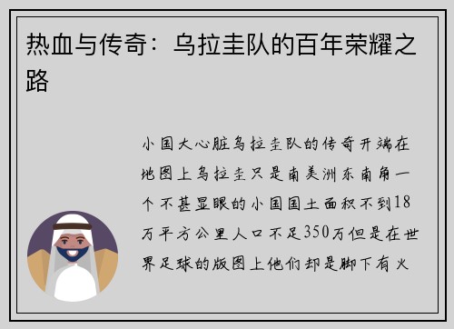 热血与传奇：乌拉圭队的百年荣耀之路