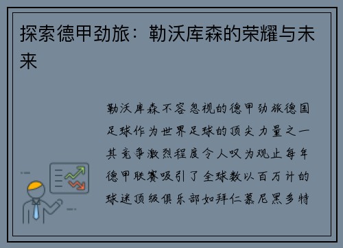 探索德甲劲旅：勒沃库森的荣耀与未来